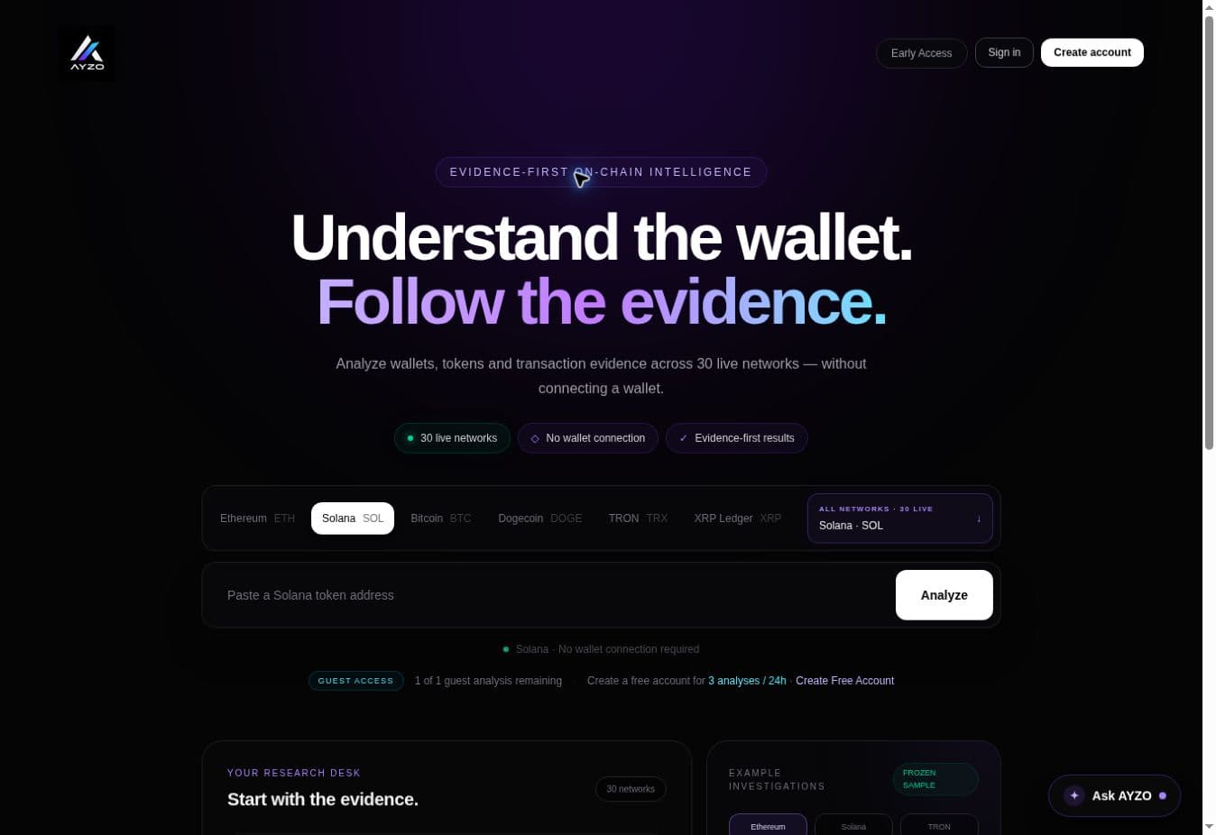 Actual AYZO app starting screen with 30 live networks, public-address analysis and separate Guest and Free account allowances.